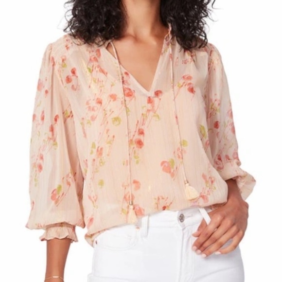 Paige Indira Floral Print Metallic Striped Blouse in Afterglow Multi - Picture 1 of 7